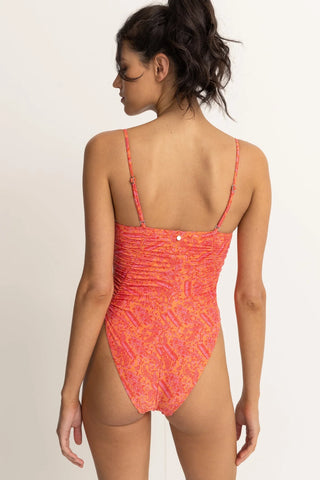 Orange paisley one-piece swimsuit with scrunched sides and high-cut leg.