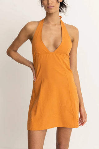 Orange mini halter dress with tie back and low open back.