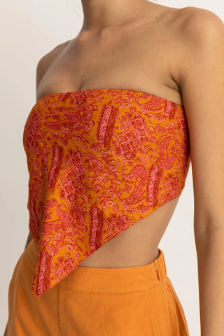 Orange paisley strapless scarf top with smocked back panel.