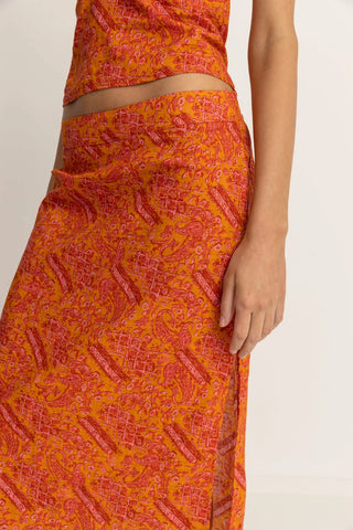 Orange paisley print low rise midi skirt with elastic back.