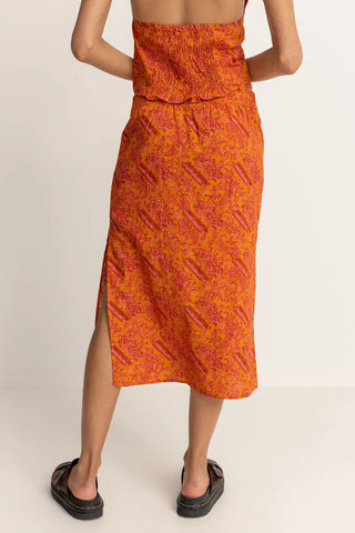 Orange paisley print low rise midi skirt with elastic back.