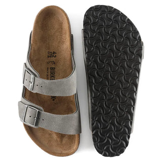 Birkenstock Arizona sandal in Desert Buck/Whale Gray with contoured footbed and adjustable straps.