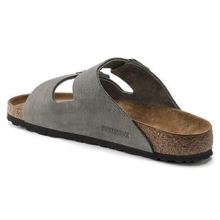 Birkenstock Arizona sandal in Desert Buck/Whale Gray with contoured footbed and adjustable straps.