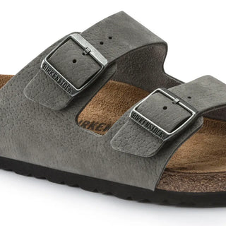 Birkenstock Arizona sandal in Desert Buck/Whale Gray with contoured footbed and adjustable straps.