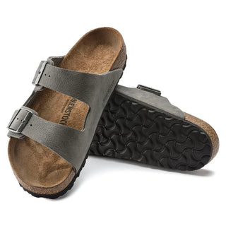 Birkenstock Arizona sandal in Desert Buck/Whale Gray with contoured footbed and adjustable straps.