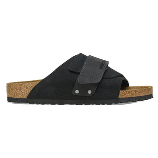 Black Birkenstock Kyoto sandals with nubuck/suede upper, adjustable hook and loop closure, and comfortable footbed.