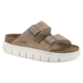 Birkenstock Papillo Arizona Chunky Suede Leather sandals in Warm Sand with a platform sole and contoured footbed.