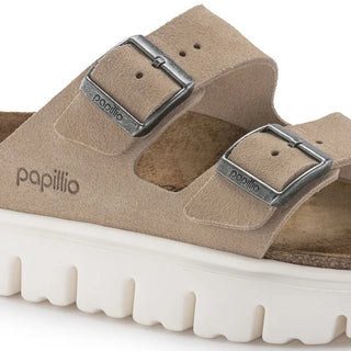 Birkenstock Papillo Arizona Chunky Suede Leather sandals in Warm Sand with a platform sole and contoured footbed.