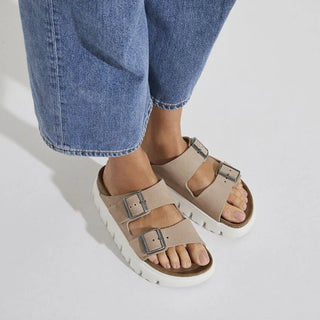 Birkenstock Papillo Arizona Chunky Suede Leather sandals in Warm Sand with a platform sole and contoured footbed.