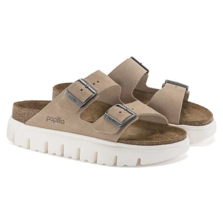 Birkenstock Papillo Arizona Chunky Suede Leather sandals in Warm Sand with a platform sole and contoured footbed.