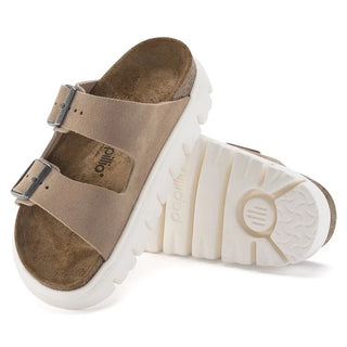 Birkenstock Papillo Arizona Chunky Suede Leather sandals in Warm Sand with a platform sole and contoured footbed.