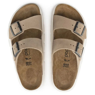 Birkenstock Papillo Arizona Chunky Suede Leather sandals in Warm Sand with a platform sole and contoured footbed.