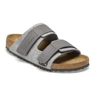 Birkenstock Uji Sandal with felt upper, natural leather straps, cork-latex footbed, and EVA sole.