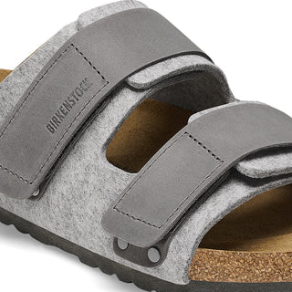 Birkenstock Uji Sandal with felt upper, natural leather straps, cork-latex footbed, and EVA sole.