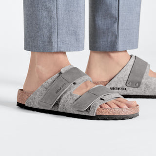 Birkenstock Uji Sandal with felt upper, natural leather straps, cork-latex footbed, and EVA sole.