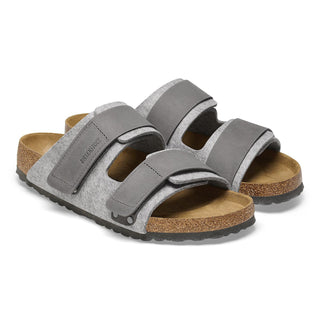 Birkenstock Uji Sandal with felt upper, natural leather straps, cork-latex footbed, and EVA sole.