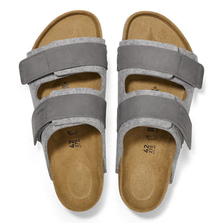 Birkenstock Uji Sandal with felt upper, natural leather straps, cork-latex footbed, and EVA sole.