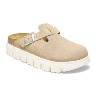 Birkenstock Papillo Boston Chunky Suede Leather clogs in Warm Sands with platform sole and contoured footbed.