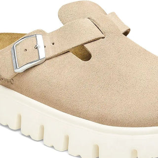 Birkenstock Papillo Boston Chunky Suede Leather clogs in Warm Sands with platform sole and contoured footbed.