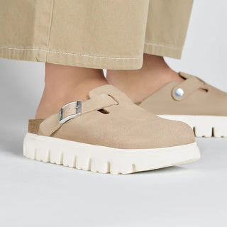 Birkenstock Papillo Boston Chunky Suede Leather clogs in Warm Sands with platform sole and contoured footbed.