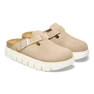 Birkenstock Papillo Boston Chunky Suede Leather clogs in Warm Sands with platform sole and contoured footbed.