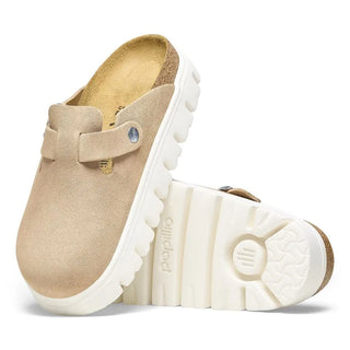 Birkenstock Papillo Boston Chunky Suede Leather clogs in Warm Sands with platform sole and contoured footbed.