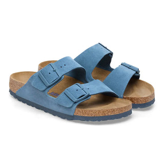 Elemental blue Birkenstock Arizona sandals with soft footbed and adjustable suede straps.