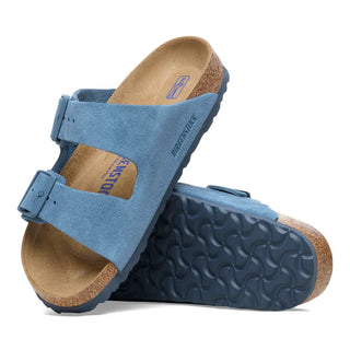 Elemental blue Birkenstock Arizona sandals with soft footbed and adjustable suede straps.