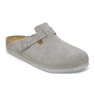 Birkenstock Suede Leather Clogs in Stone Coin with a soft suede upper and contoured cork footbed.