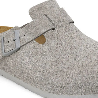 Birkenstock Suede Leather Clogs in Stone Coin with a soft suede upper and contoured cork footbed.