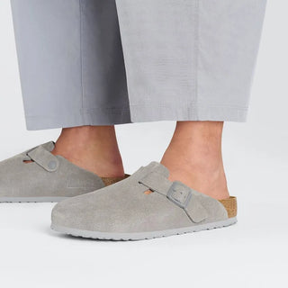 Birkenstock Suede Leather Clogs in Stone Coin with a soft suede upper and contoured cork footbed.