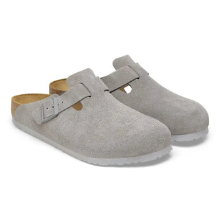 Birkenstock Suede Leather Clogs in Stone Coin with a soft suede upper and contoured cork footbed.