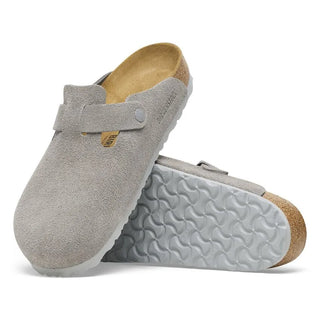 Birkenstock Suede Leather Clogs in Stone Coin with a soft suede upper and contoured cork footbed.