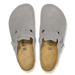 Birkenstock Suede Leather Clogs in Stone Coin with a soft suede upper and contoured cork footbed.