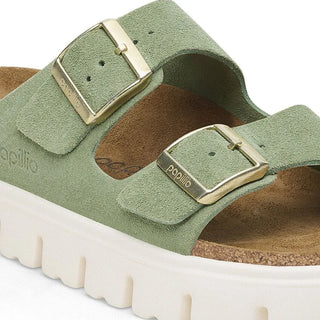 Birkenstock Papillo Arizona Platform Sandal in Green Tea with a chunky sole and suede upper.