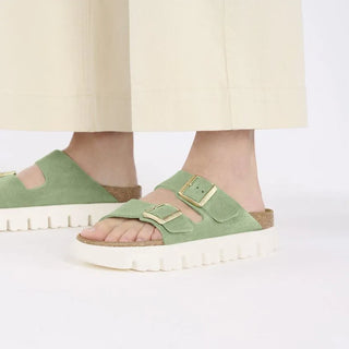 Birkenstock Papillo Arizona Platform Sandal in Green Tea with a chunky sole and suede upper.