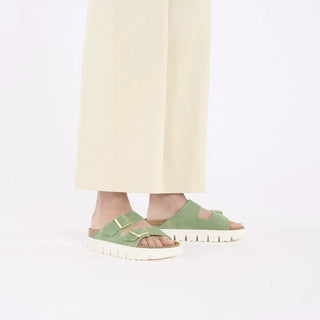 Birkenstock Papillo Arizona Platform Sandal in Green Tea with a chunky sole and suede upper.