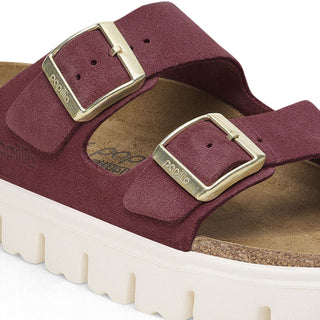 Birkenstock Papillo Arizona Platform Sandal in Berry Crush with suede upper, chunky platform sole, and contoured footbed for support.