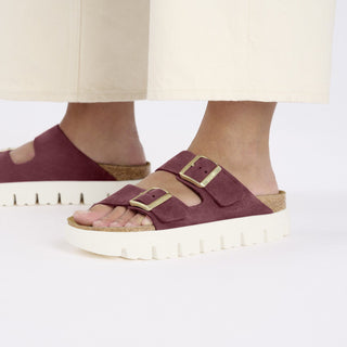 Birkenstock Papillo Arizona Platform Sandal in Berry Crush with suede upper, chunky platform sole, and contoured footbed for support.