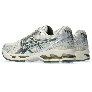 ASICS GEL-KAYANO 14 shoes in Birch/Dark Pewter with GEL cushioning.