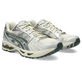 ASICS GEL-KAYANO 14 shoes in Birch/Dark Pewter with GEL cushioning.