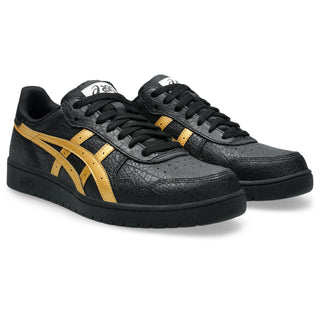 ASICS Skateboarding JAPAN PRO Shoes in Black/Pure Gold with suede paneling, triple stitching, and a thicker tongue for support.