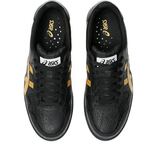 ASICS Skateboarding JAPAN PRO Shoes in Black/Pure Gold with suede paneling, triple stitching, and a thicker tongue for support.