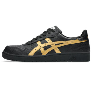 ASICS Skateboarding JAPAN PRO Shoes in Black/Pure Gold with suede paneling, triple stitching, and a thicker tongue for support.