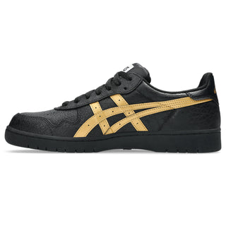 ASICS Skateboarding JAPAN PRO Shoes in Black/Pure Gold with suede paneling, triple stitching, and a thicker tongue for support.