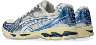 ASICS GEL-KAYANO® 14 running shoe in Cream/Denim Blue with GEL® technology cushioning and TRUSSTIC® support system.