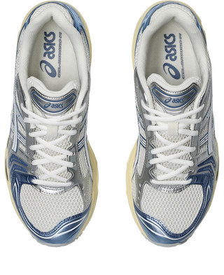 ASICS GEL-KAYANO® 14 running shoe in Cream/Denim Blue with GEL® technology cushioning and TRUSSTIC® support system.