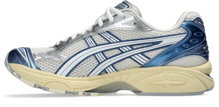 ASICS GEL-KAYANO® 14 running shoe in Cream/Denim Blue with GEL® technology cushioning and TRUSSTIC® support system.