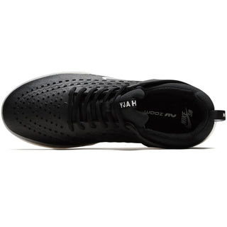 Nike SB Nyjah 3 skate shoe in black and white with Zoom Air technology and a grippy honeycomb outsole.