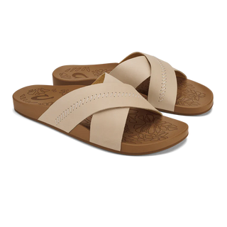 Olukai Kipe'a 'Olu Women's Leather Slide Sandals in Puka/Tan.